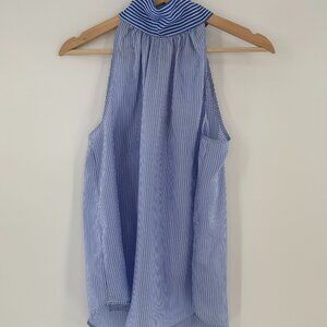 J.Crew 100% Silk High Neck Tie Blue & White Striped Sleeveless Top Size 6